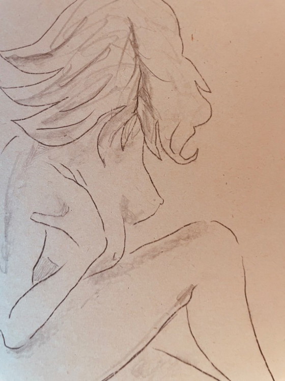 Image 1 of Nude female drawing "squatting sketchbook" on antique cardboard