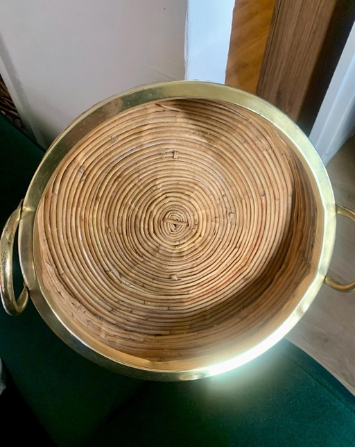 Mid-Century Rattan and Brass Centerpiece Tray – Gabriella Crespi Style – 1970 – decoratieve objecten (photo 2 of 7)