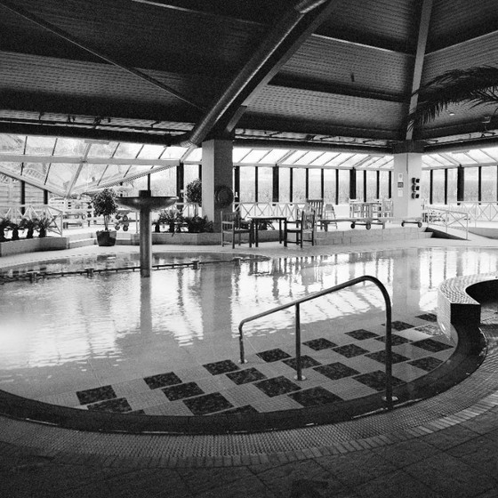 Image 1 of Pannello fotografico in bianco e nero composto da 24 pezzi raffigurante l'architettura di una piscina.
