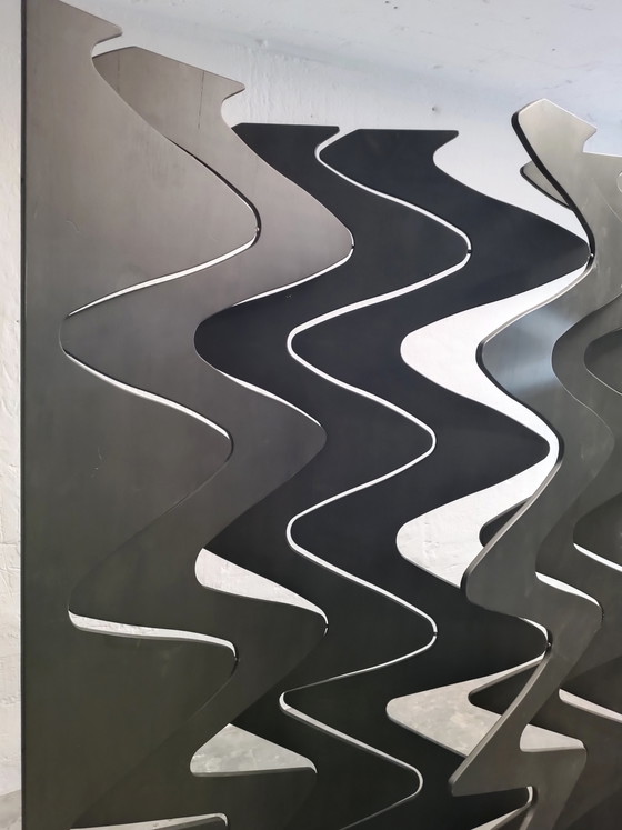 Image 1 of Geometric wavy wooden room divider screen 