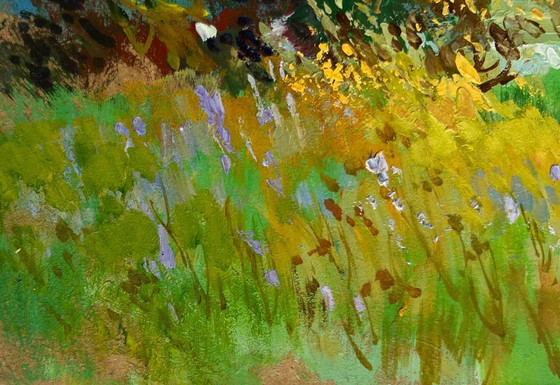 Image 1 of Original Oil Painting Summer Field Landscape Walking among flower fields