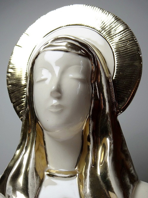 Buste Vierge auréolée céramique émaillée artisanat vintage/ancien