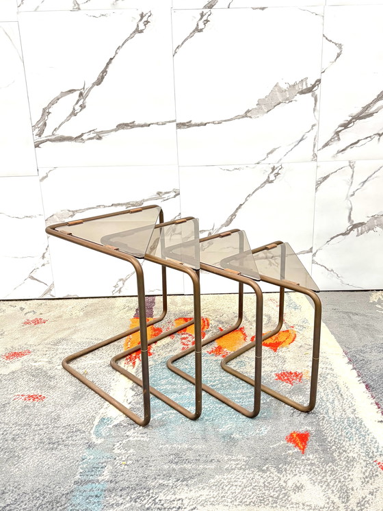 Image 1 of Set 4 tavolini Componibili Metallo E Vetro 1960’s Design Modernariato