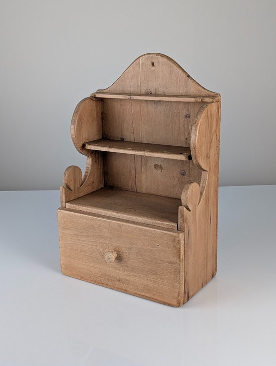 Image 1 of Hand-Carved Folk Art Pine Cutlery Rack with Drawer, 1950s