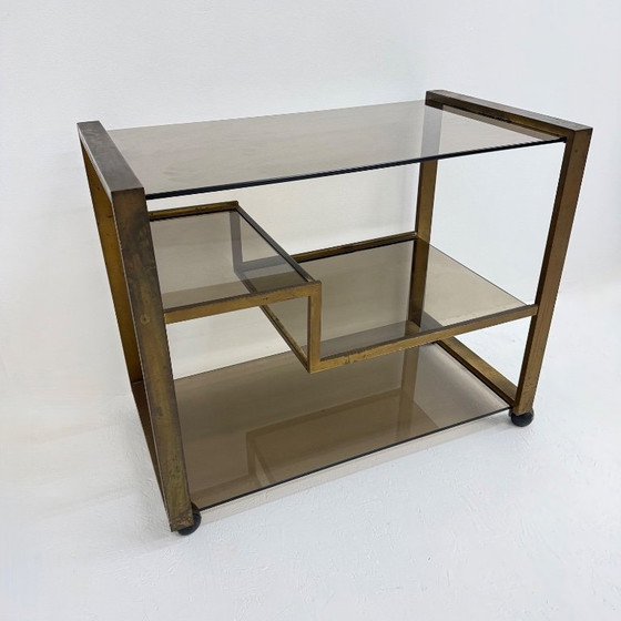 Image 1 of Barwagen aus Messing mit Rauchglas aus der Mitte des 20. Jahrhunderts, 1970er Jahre
