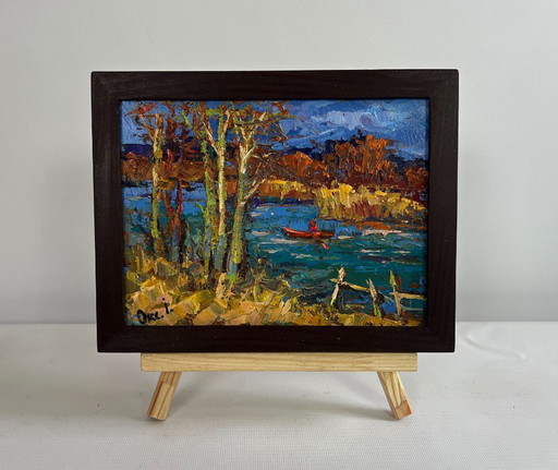 Original Oil Painting Autumn River Landscape Autumn river waters