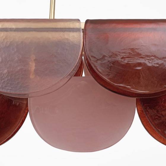 Image 1 of Lámpara de araña lineal modular italiana de cristal de Murano y latón en rosa y rojo.