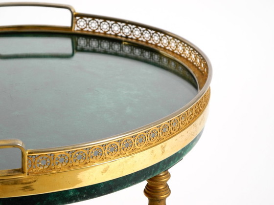 Image 1 of Round, small 1960s Aldo Tura serving or bar trolley in green goatskin leather | Made in Italy