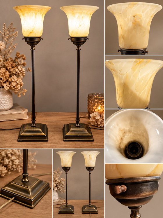 Set di 2 Lampade da tavolo Vintage – Paralumi in Vetro Marmorizzato – Effetto Ottone – Glass, Brass (photo 5 of 5)