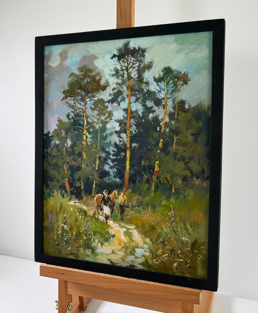 Original Oil Painting Summer Nature Landscape Path in the forest