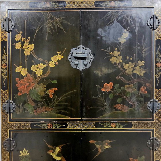 Image 1 of Vintage black Chinese lacquer cabinet with flowers and birds / bohemian / Asian / Oriental cabinet