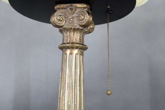 Image 1 of    	 1940s Restored Brass Table Lamp with Wooden Base and Glass Shade