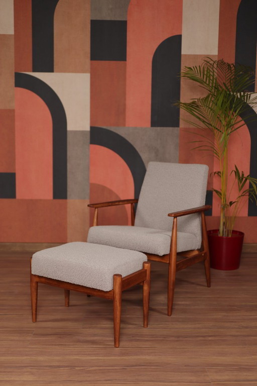 Lounge Chair and footrest Vintage Style Harbor Gray Bouclè Mid Century Design, 1960s