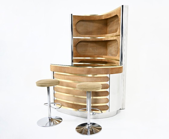 Image 1 of Set da bar con 2 sgabelli attribuito a Willy Rizzo, anni '70