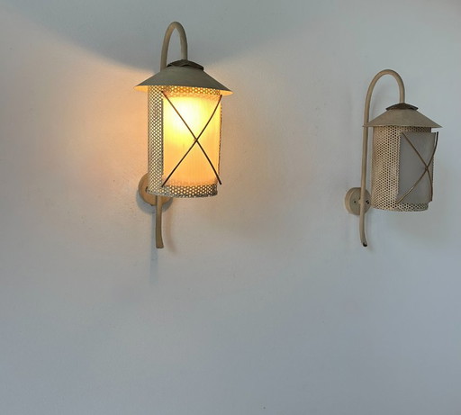 Pair of vintage wall lights in perforated metal, brass and perspex, France 1950
