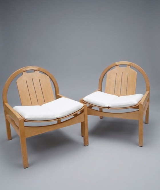 Pair of Baumann Argos lounge Armchairs, Wood, Textile, Brown, Vintage (photo 2 of 9)