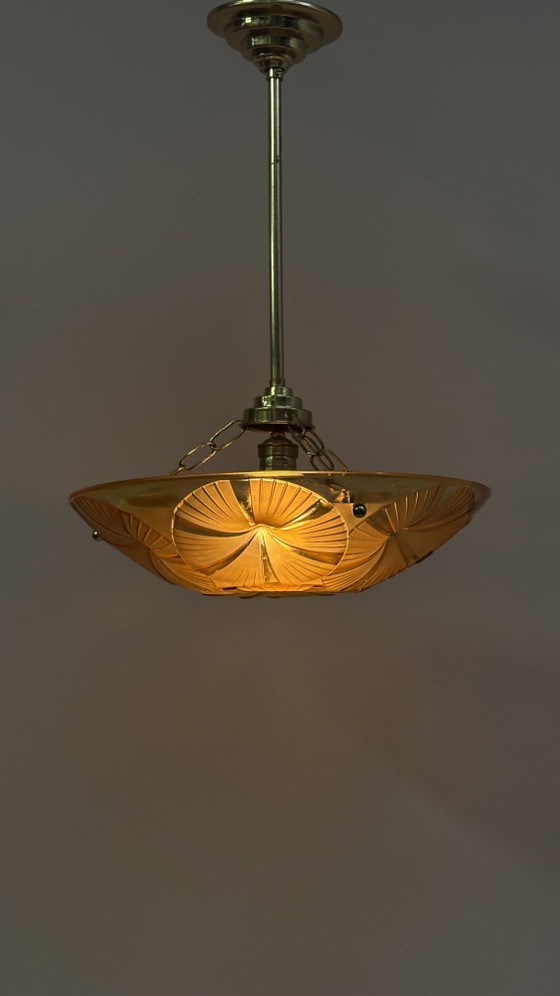 Image 1 of Hubens & Degué ceiling lamp chandelier Art Deco amber colored glass