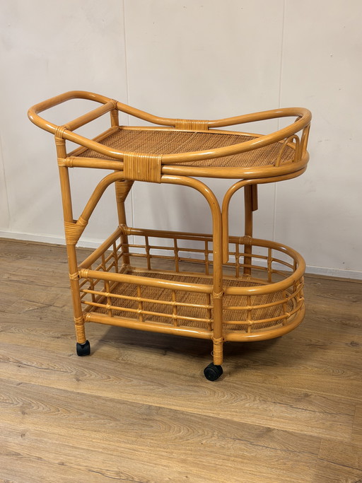 Vintage rotan bamboe serveerwagen/trolley