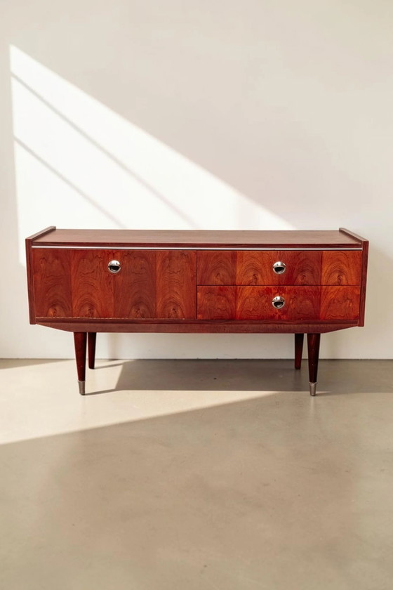 Vintage 1960s Rosewood Veneer Sideboard with Chrome Handles, Brown, Mid Century Modern (photo 2 of 2)