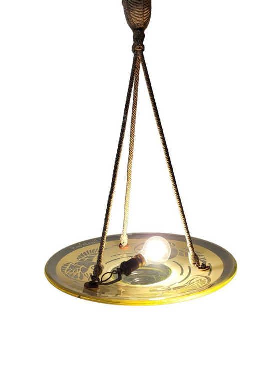 Image 1 of Very rare French Art Deco uranium chandelier from ca. 1925 by André Delatte with etched bird motif