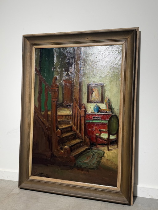 Richard Leutenez - Oil on Canvas - Interior with Staircase – schilderijen tekeningen (photo 2 of 7)