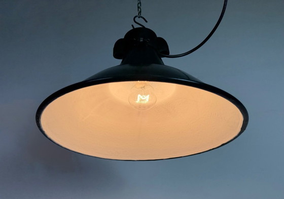 Image 1 of Set of 4 Industrial Black Enamel Factory Lamps with Cast Iron Top, 1950s