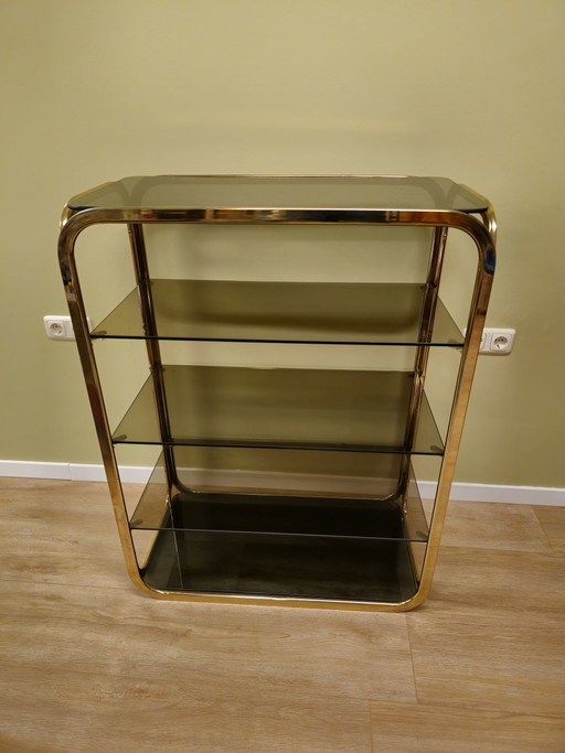 Vetrina in ottone vintage, vetrina, mobiletto aperto, divisorio per ambienti 