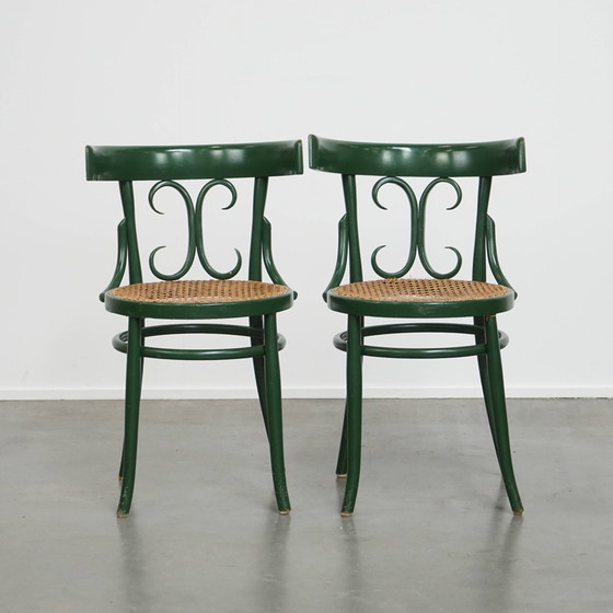 Image 1 of 2 X Green Vintage Bistro Chair With A Matt Wicker Seat