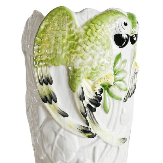 Image 1 of Vintage Portuguese XL white ceramic vase hand-painted parrots 1940s