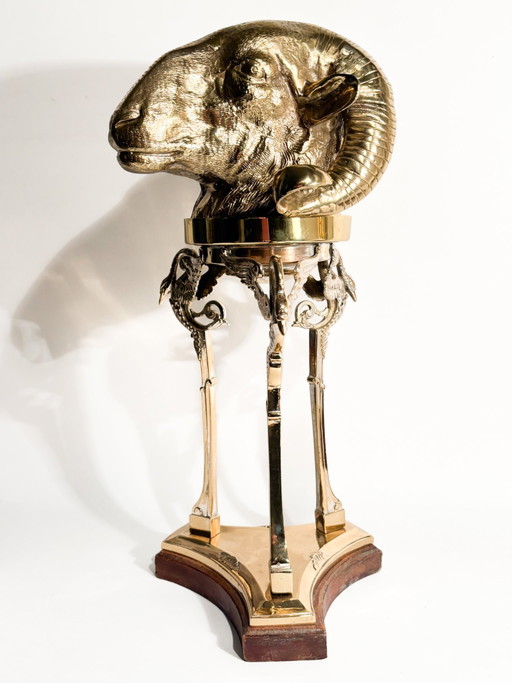 1970s Gilded Bronze Ram's Head Sculpture with Pedestal – beeldhouwkunst, Brass