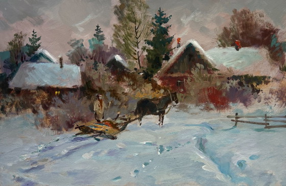 Image 1 of Original Oil Painting Winter Village Landscape Country winter evening