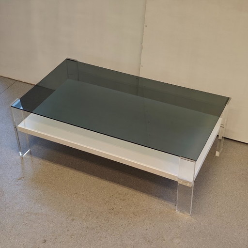 Vintage coffee table smoked glass wood plexiglass