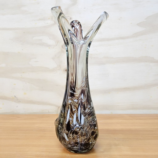 Vintage organic Murano glass vase, amber/white speckled Finger vase (pulled vase)