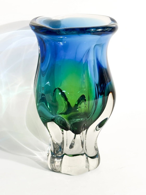 Vintage 70s Murano Sommerso Blue and Green Glass Vase (photo 4 of 7)