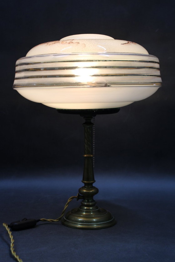 Image 1 of 1940s Restored Brass Table Lamp with Glass Shade