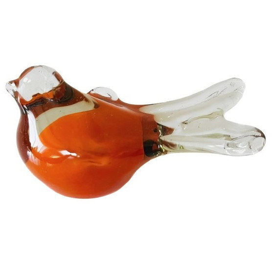 Image 1 of Presse-papier en verre soufflé à la bouche, petit oiseau de style Murano, figurine d'oiseau orange des années 1980