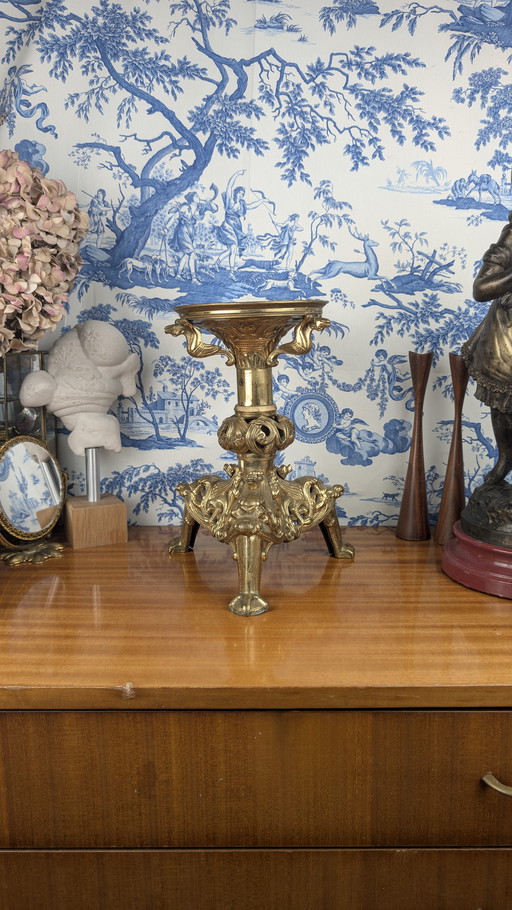 19th century Gilded Bronze Candle Holder with Gargoyles Neo Medieval Style
