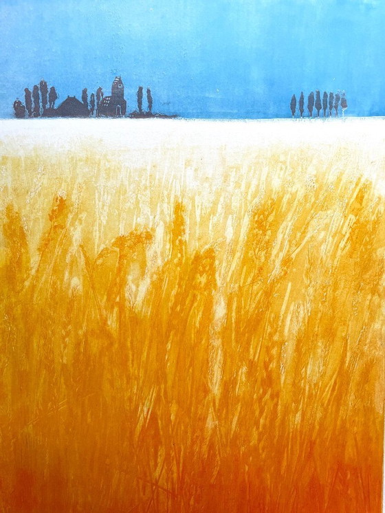 Image 1 of Weizenfeld. Farbradierung von Margo Ellen.