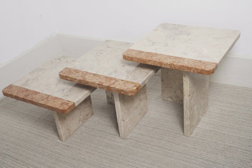 Ensemble de 3 tables gigognes vintage en marbre, tables d'appoint carrées, tables basses postmodernes en marbre fossilisé massif