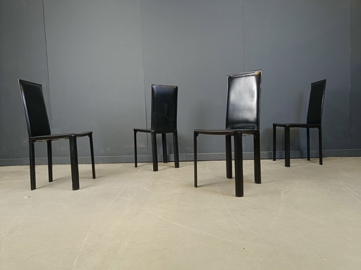 Black Leather Dining Chairs by De Couro Brazil, 1980s - Set of 4