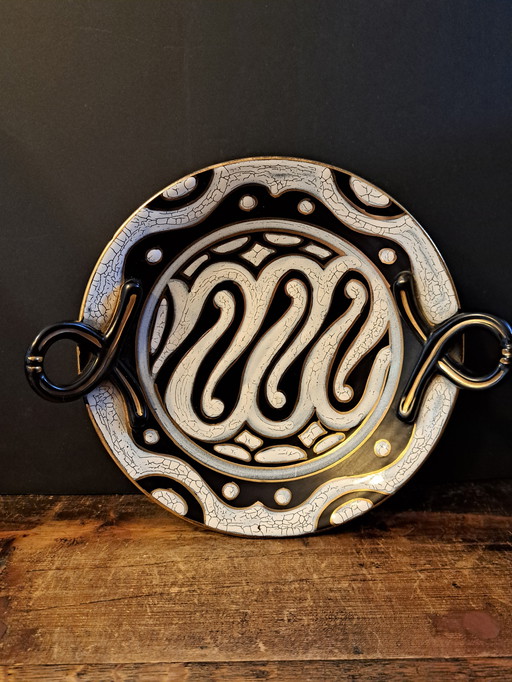 Vintage 1950's Ceramic Bowl with Handles south Dutch Gouda Hand Painted Black with Gold