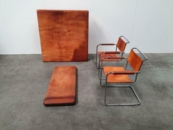 Image 1 of Tavolino vintage, mobiletto da palestra, scatola per ginnastica, imbracatura in pelle, teak anni '70