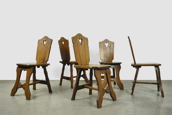 Image 1 of Vintage BRUTALIST oak handmade farmhouse dining chairs, 1930s Netherlands