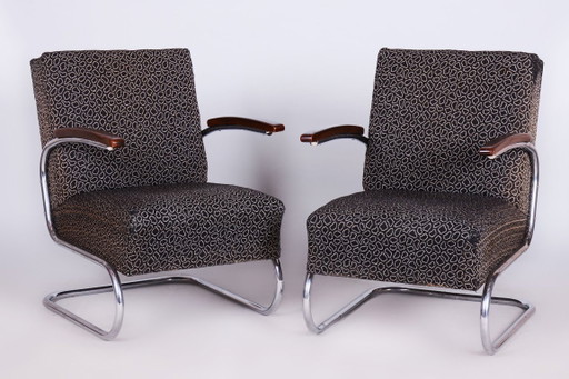 Paar restaurierter Bauhaus-Sessel, von Mücke-Melder, Buche, Chrom, Tschechien, 1930er Jahre – fauteuils, Textile, Wood