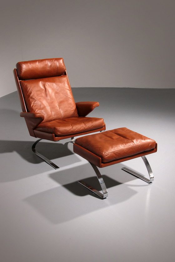 Image 1 of Cognac Leder COR Swing Lounge Stuhl mit Ottomane von Adolf & Schöpfer 1976