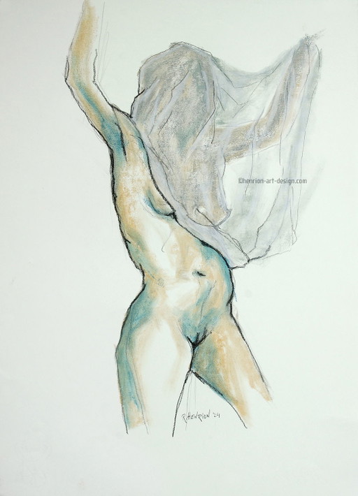 - Dibujo de una mujer desnuda de pie con velo