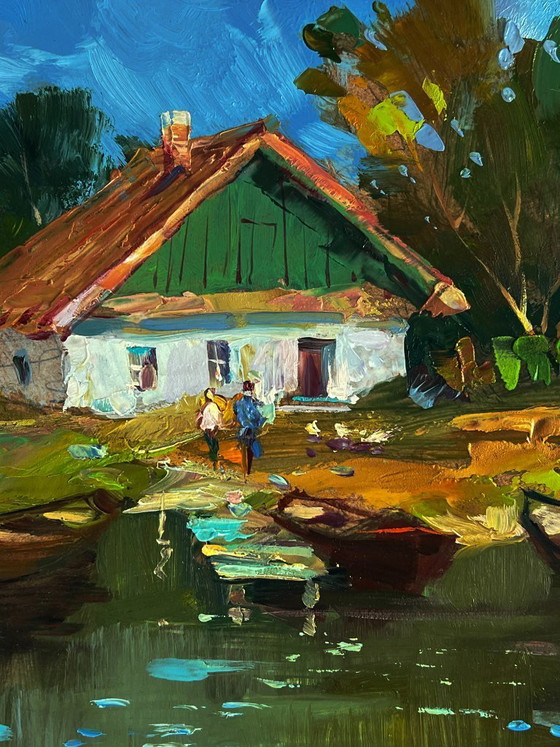 Image 1 of Origineel olieverfschilderij: Landelijk landschap, rivierboten bij het huis.