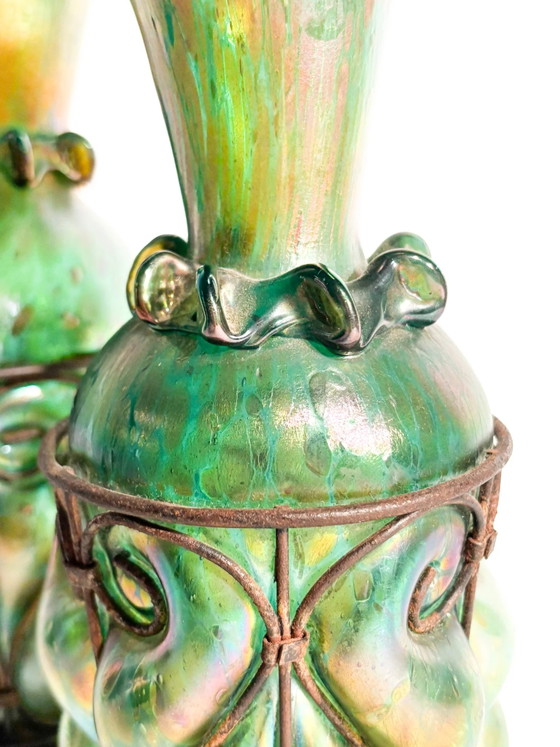 Pair of 1920s Loetz Glass and Wrought Iron Vases – Art Nouveau (photo 5 of 21)