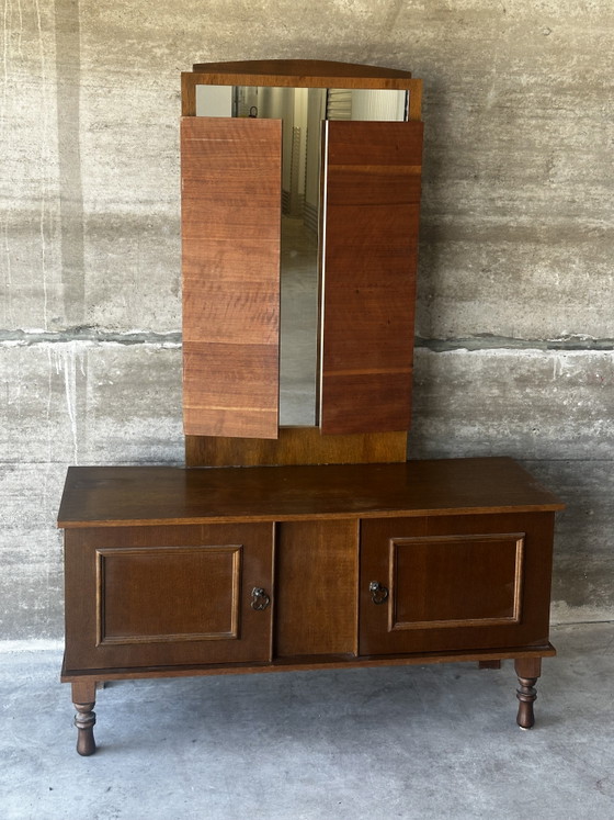 Vintage kaptafel met drieluikspiegel, jaren 50 – Coiffeuse Mid-Century, Ladekasten, Wood, Glass (photo 15 of 15)
