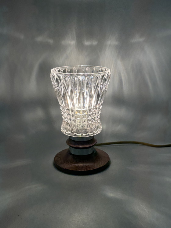 Image 1 of Mid-Century Table Lamp with Cut Glass Shade and Wooden Base – Vintage Design Lighting